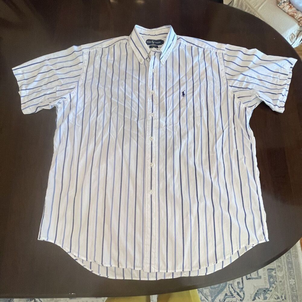 Ralph Lauren XL Mens Blue Stripe Button Up Shirt BLAKE Short Sleeves 100% Cotton